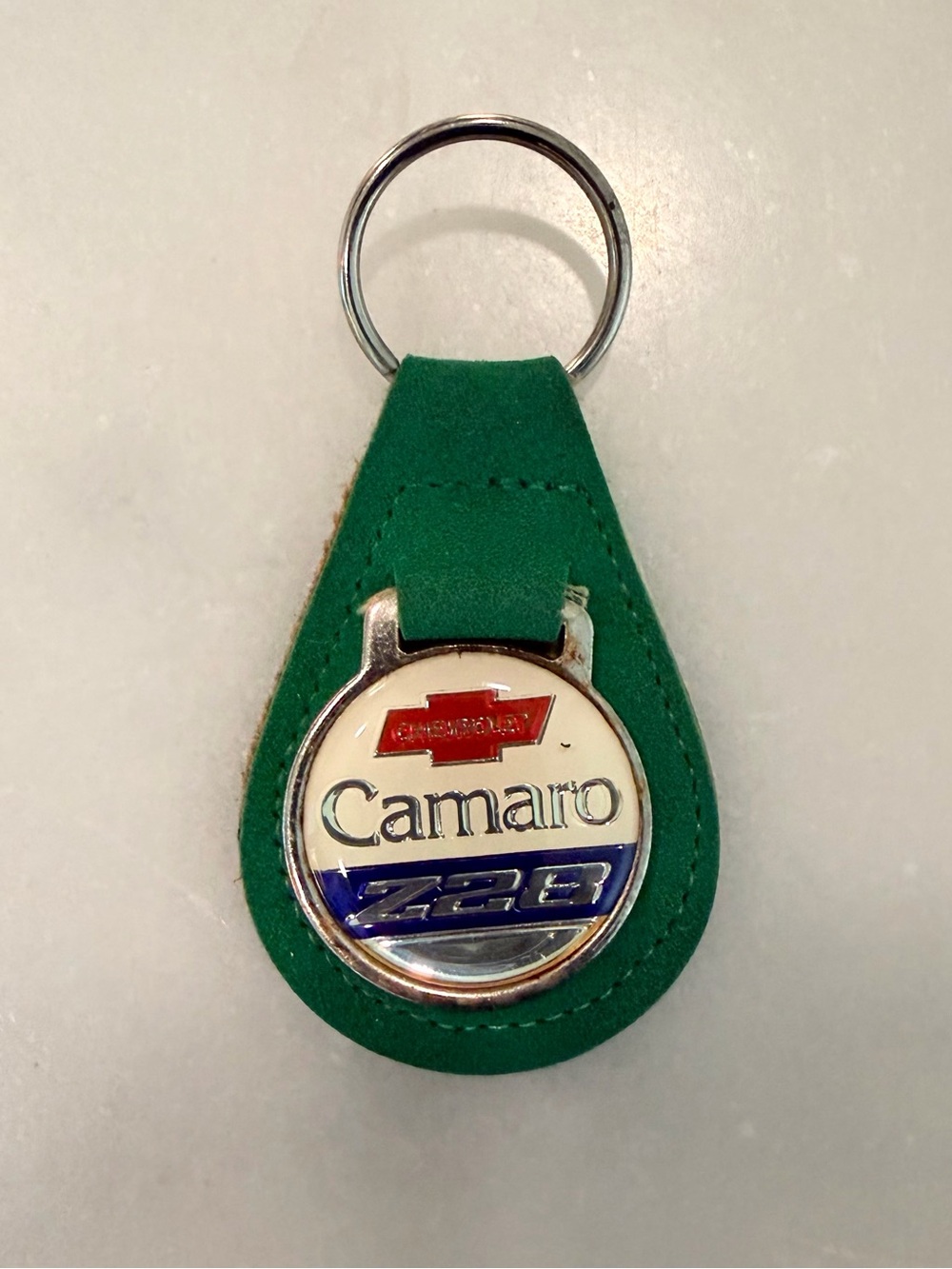 Vintage Chevrolet Camaro Z28 Keychain Green Leather Chevy Bowtie Key Fob